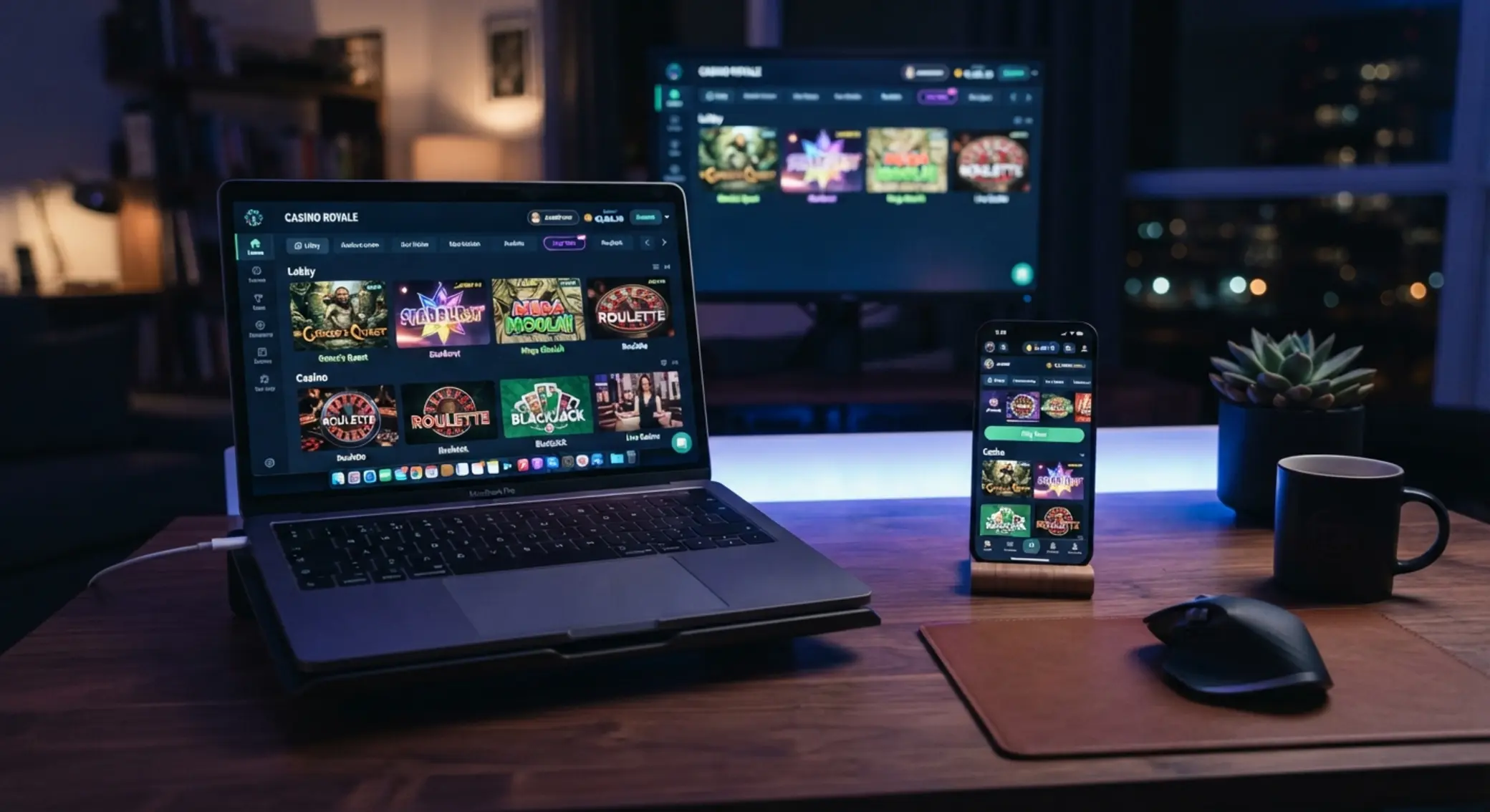 Interfejs kasyna online na laptopie i smartfonie