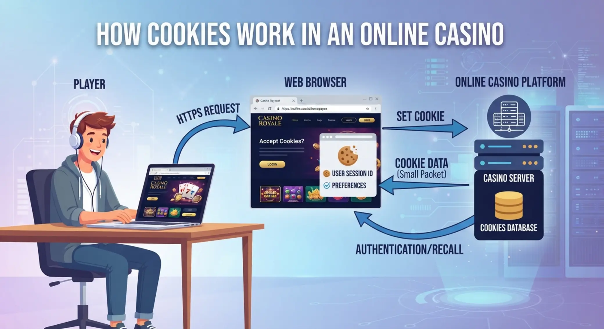 Schemat działania plików cookies między graczem a kasynem online