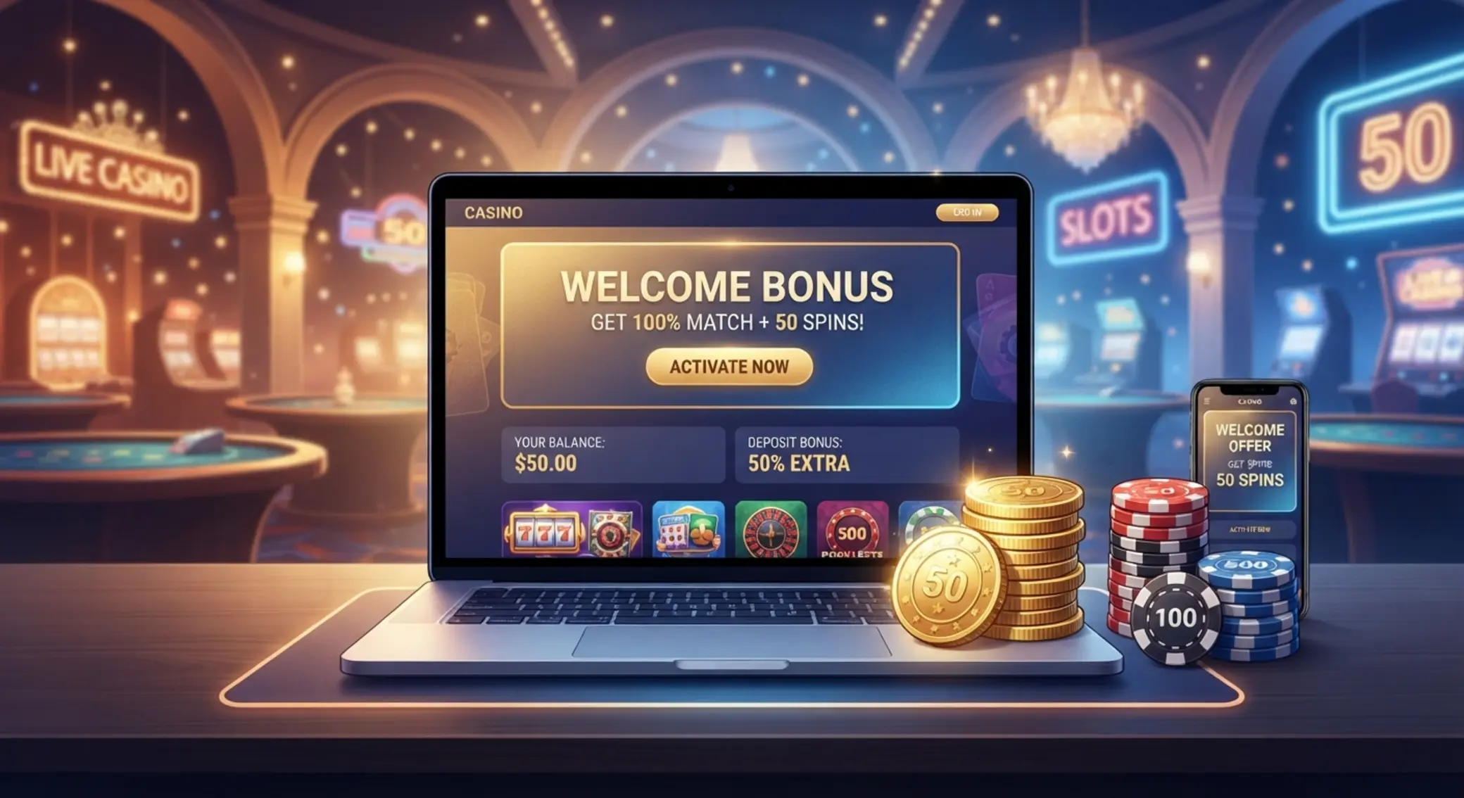 Ilustracja bonusu 50 zł na start w kasynie online