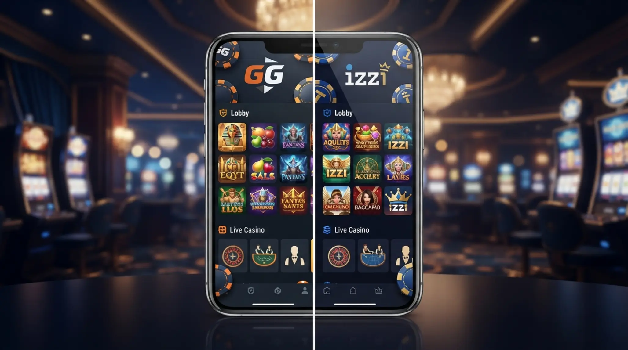 Baner porównujący aplikacje kasynowe GGbet i Izzi na ekranie smartfona