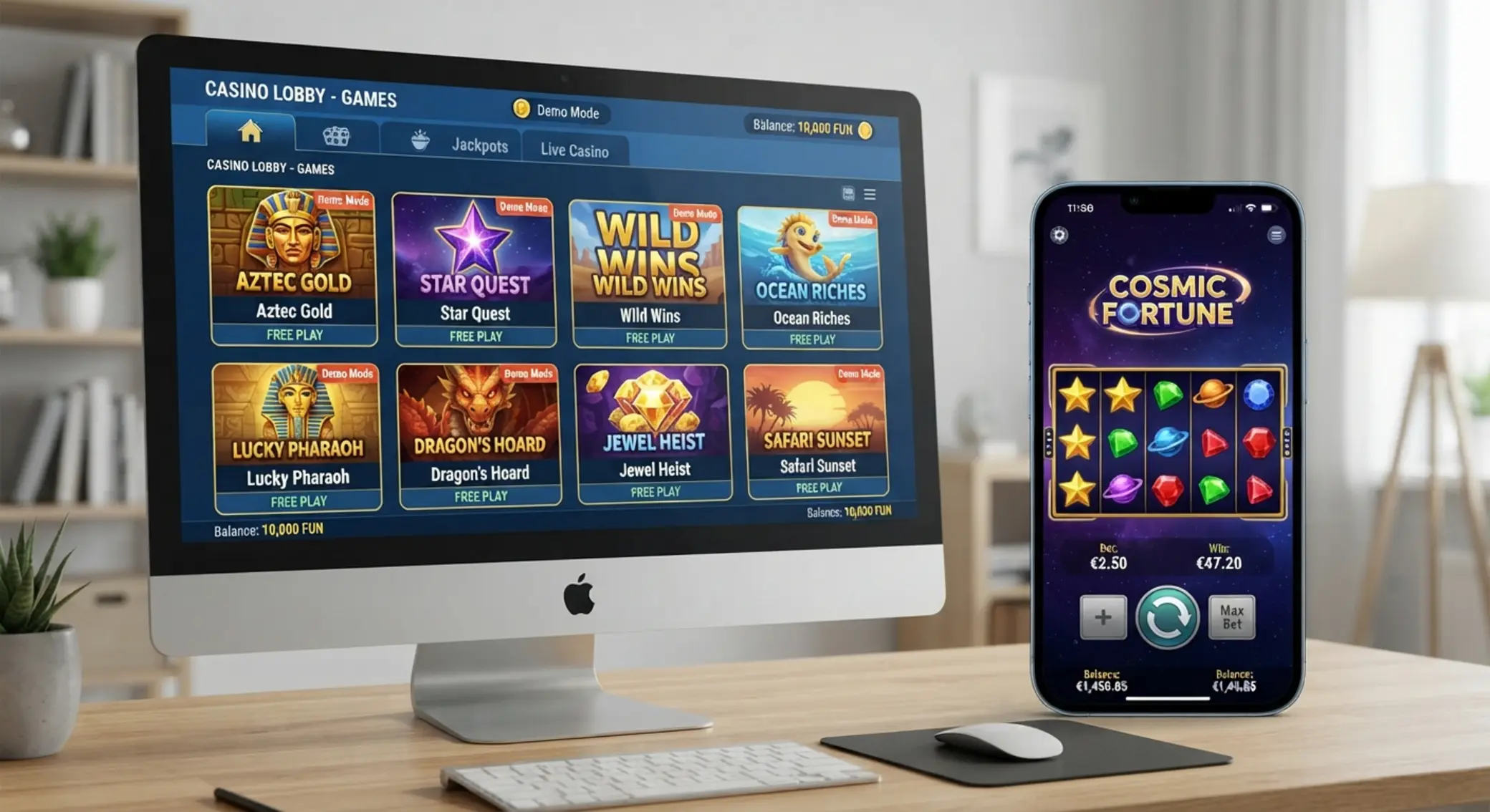 Ekran z lobby kasyna online i wyborem między grą darmową a płatną