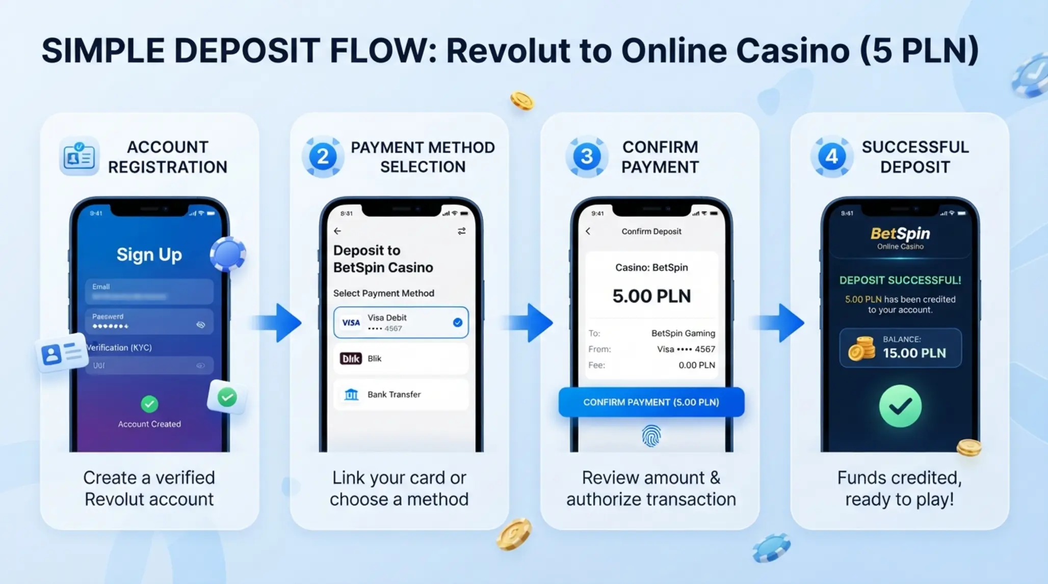 Instrukcja wpłaty 5 zł przez Revolut Schemat wpłaty 5 zł przez Revolut do kasyna online