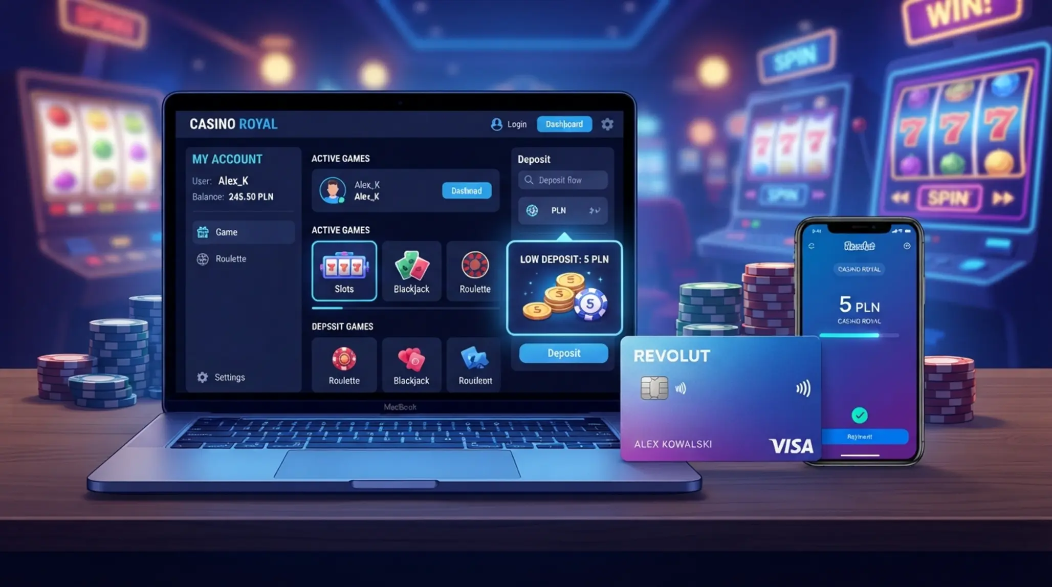 Ranking kasyn z depozytem 5 zł przez Revolut Widok kasyna online z kartą Revolut i niskim depozytem