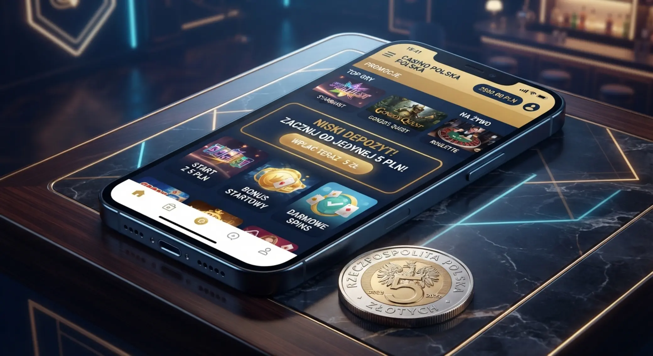 Smartfon z kasynem online i monetą 5 zł