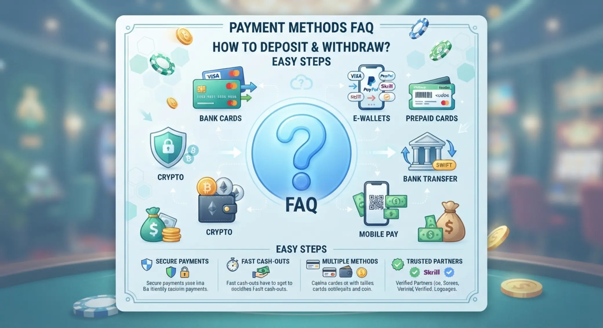 Grafika FAQ o płatnościach w kasynie online